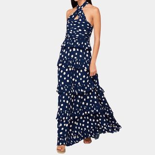 woman wearing blue polkadot dress