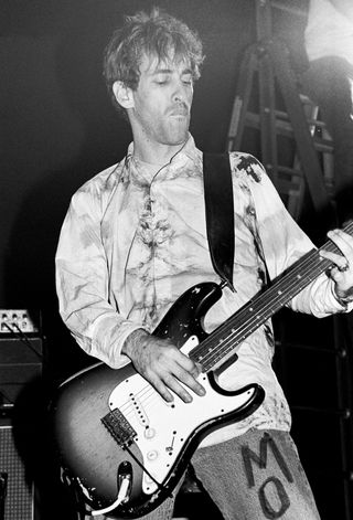 Hillel Slovak (1962 - 1988), of the group Red Hot Chili Peppers, plays guitar during a soundcheck before a sold-out performance at the Ritz, New York, New York, December 12, 1986