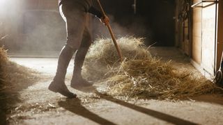 person mucking out a stall