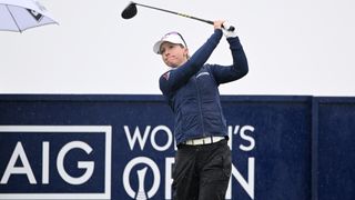 Jodie Ewart Shadoff takes a tee shot during AIG Women's Open final qualifying