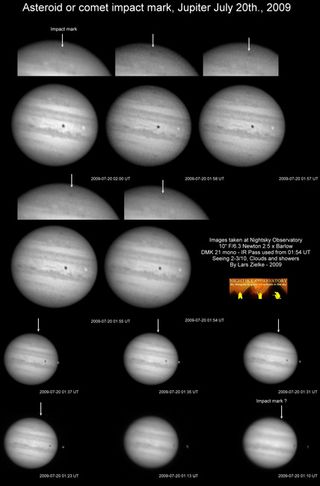 Lars Zielke made these images of the impact on Jupiter from Tvis, Denmark on July 20, 2009. Arrows indicate the impact site.