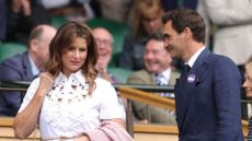 Mirka Federer and Roger Federer at Wimbledon 2025 on July 07, 2025 in London, England