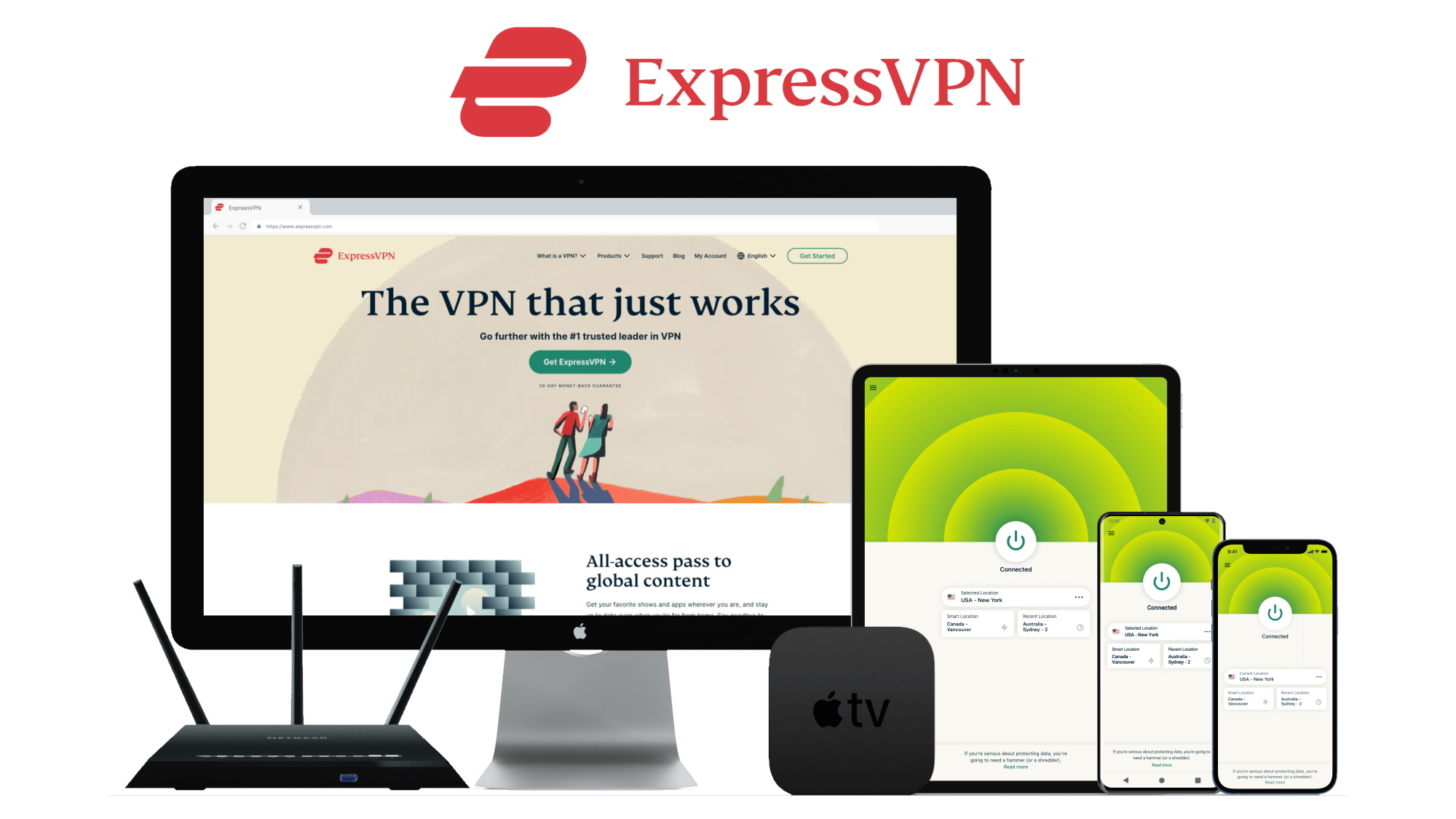 ExpressVPN, running on Windows, Mac, tablet, iPhone, Android, router, and AppleTV