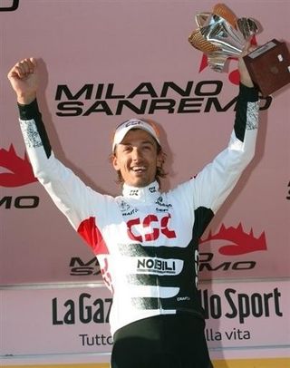 Fabian Cancellara (Team CSC) savours a brilliant solo victory in Milano-Sanremo.