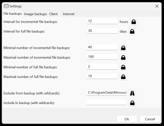 The Urbackup settings screen