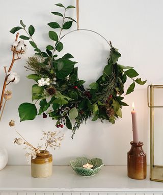A foliage wreath made from foraged leaves