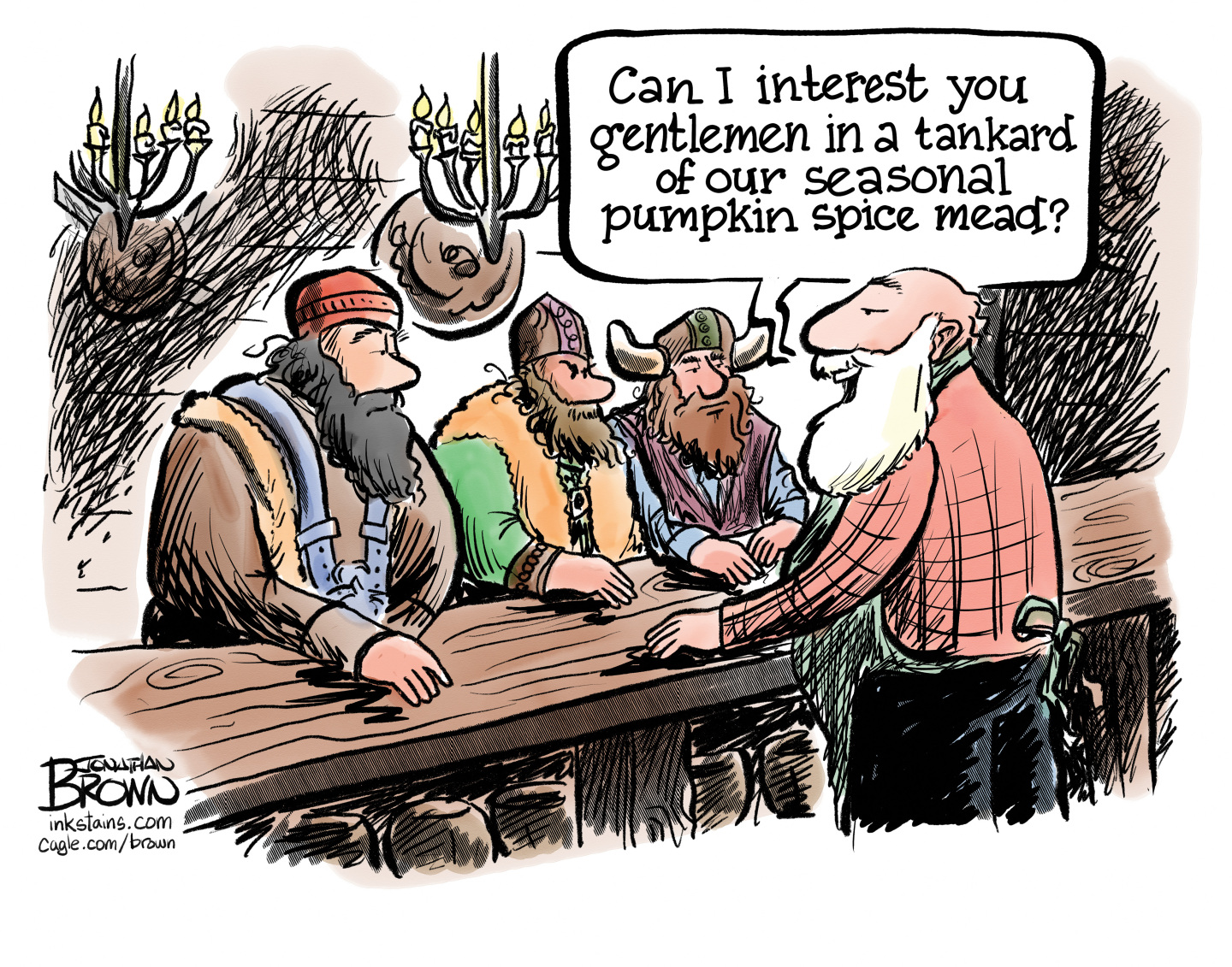 This cartoon depicts a scene in an old barroom, perhaps in the middle ages. A group of men with beards and helmets look non-plussed. They are speaking with the bartender. who says, “Can I interest you gentlemen in a tankard of our seasonal pumpkin spice mead?”