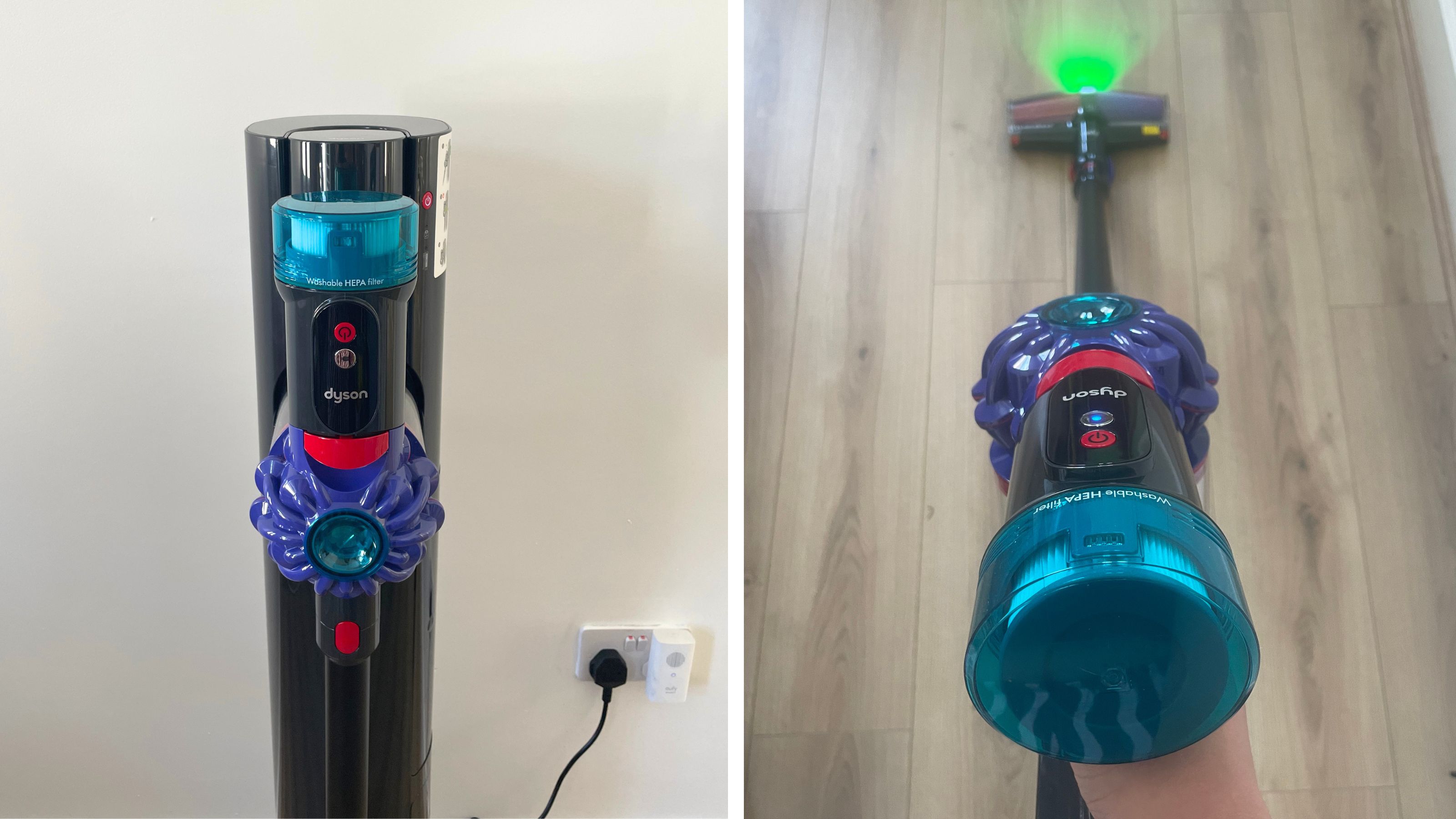 Dyson V10 Konical and Auto-Empty Dok standing against a white wall on the left, and the vacuum in use on wooden floors on the right