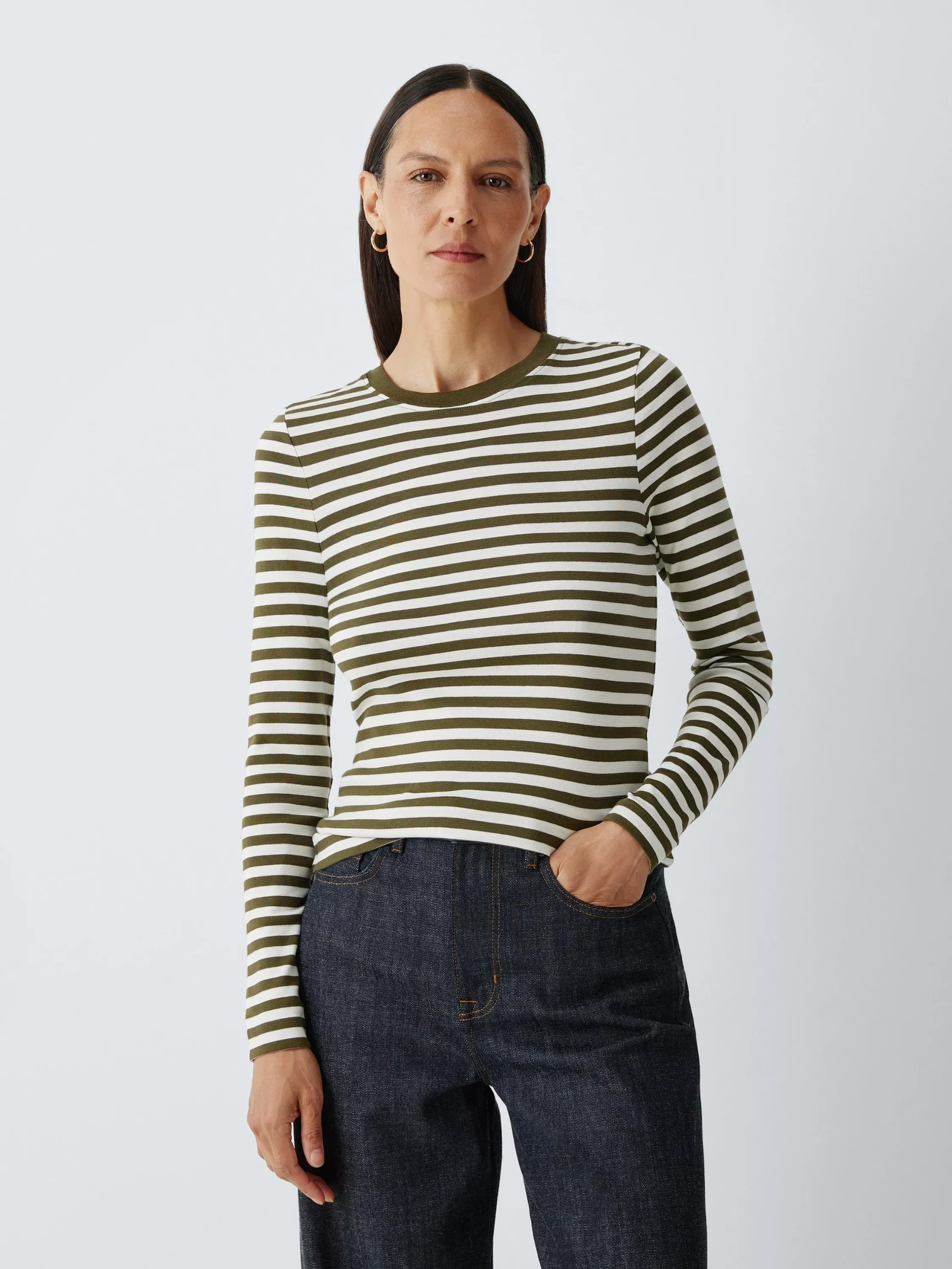 John Lewis Organic Cotton Long Sleeve Crew Neck T-Shirt, Khaki Stripe