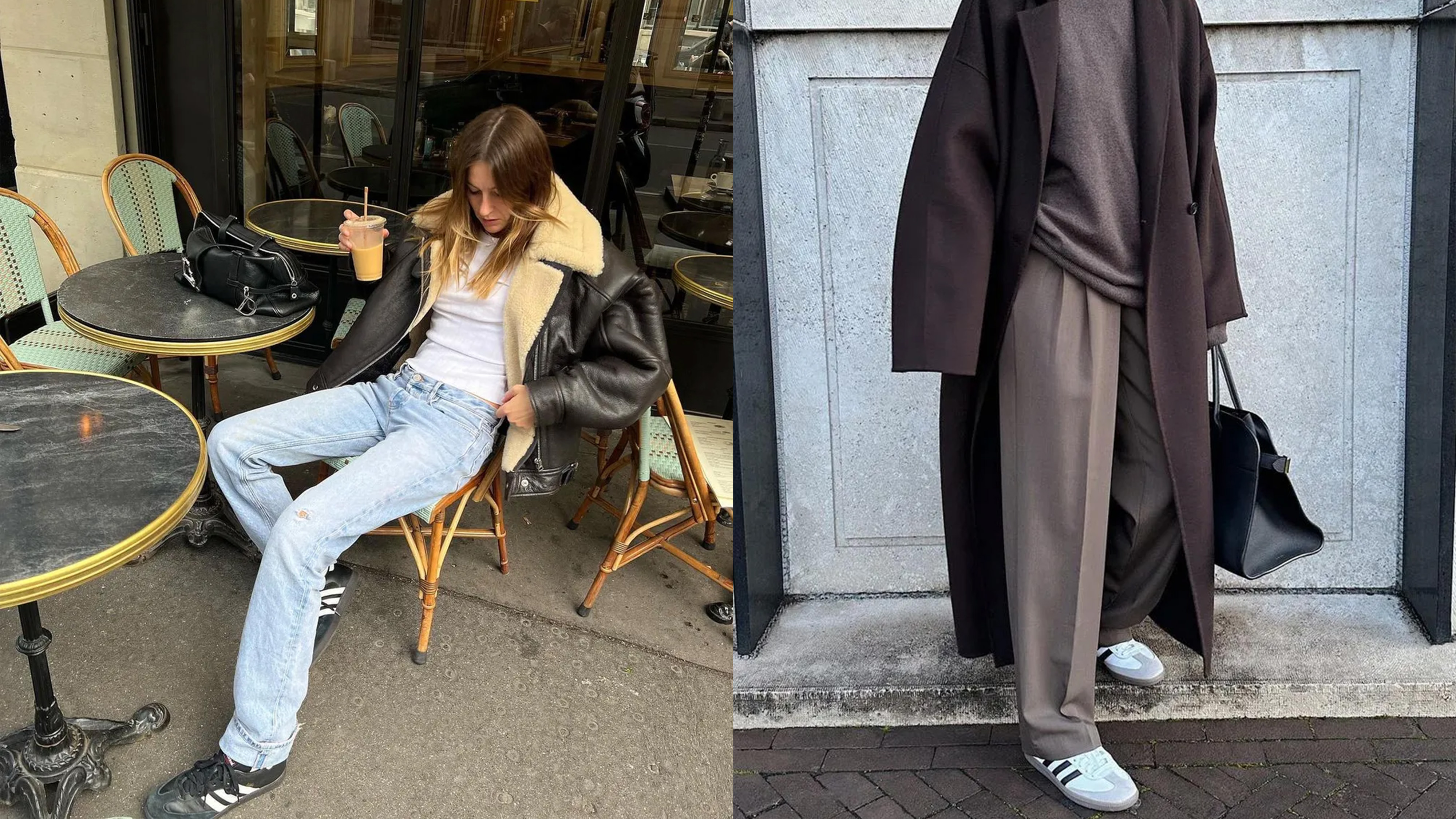 Camille wears a black coat with fur trim, white top, and jeans. Another woman wears a brown coat, brown sweater, trousers, and adidas sambas.