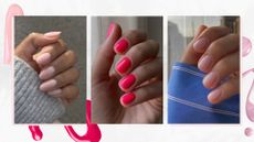 A collage of pink summer nails: on the left, is a close-up of a hand with sheer, pastel pink almond nails by nail artist Julia Diogo (@paintedbyjools) , followed by a close-up of a hand with hot-pink nails and on the right, a picture of a hand with glossy sheer pink nails, by nail artist Mateja Novakovic (@matejanova)/ in a white template with pink nail polish spills and streaks.