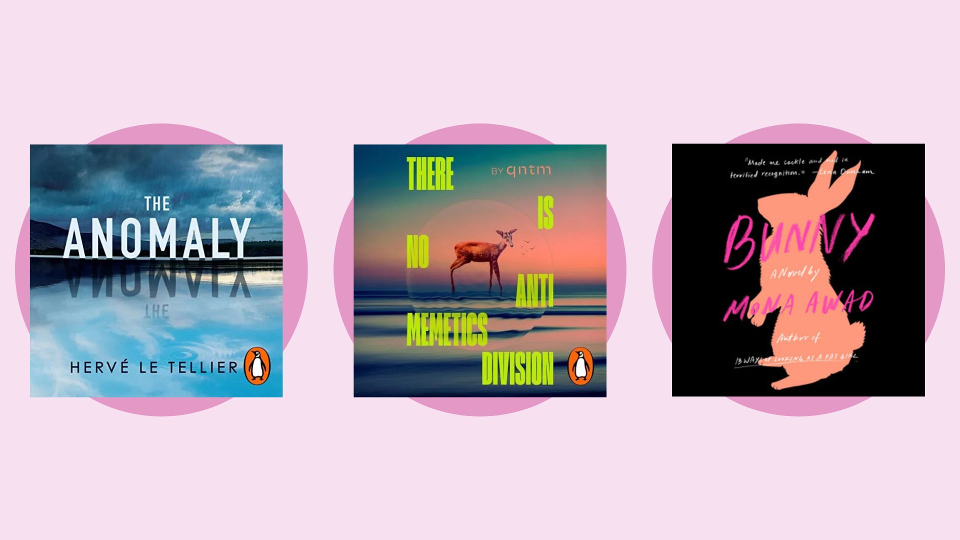 Three audiobooks on a pink background: The Anomaly, Bunny. and There Is No Anti Mimetics Division