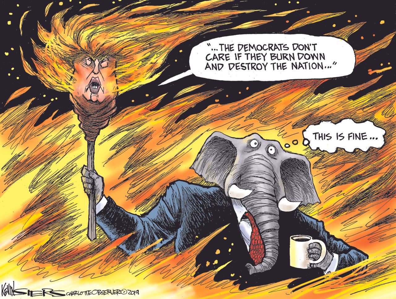 Political Cartoon U.S. Trump Impeachment Democrats Torch Nation