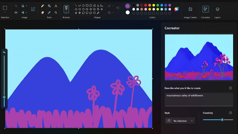 A screenshot showing the new Cocreator, demonstrating an image being generates from a rough drawing