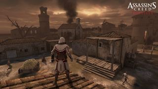 Assassin's Creed Identity screenshot showing an assassin looking out from a rooftop. A haybale can be seen on one side