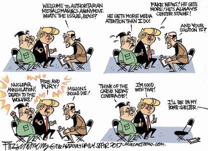 Political cartoon U.S. Trump Kim Jong Un nuclear threat fake news