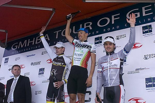 The stage two podium (l-r): Cameron Jennings (2nd, Budget Forklifts), Richard Lang (1st,Titans-Race), and David Kemp (3rd,Fly V Australia).