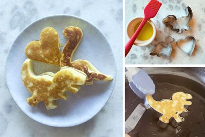 Pancakes made with cookie cutters including dinosaur shaped pancakes and heart shaped pancakes