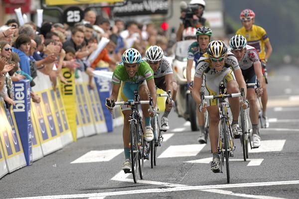 Alberto Contador (Astana) zips to the finish in sixth place as he worked to keep his green jersey.