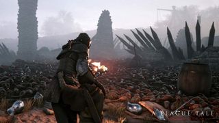 Amicia and Hugo de Rune cross a corpse-littered battlefield in A Plague Tale: Innocence