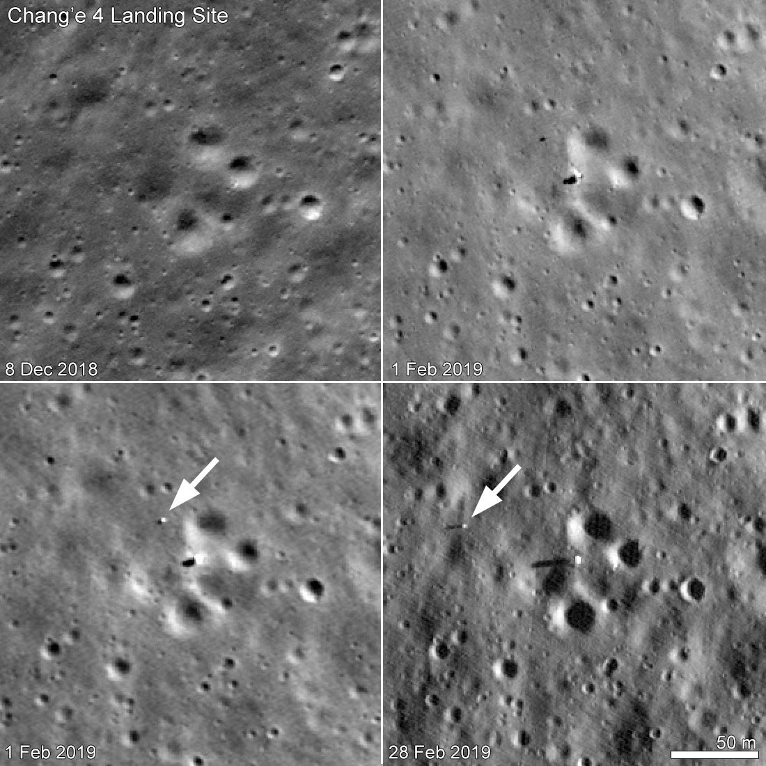 China’s Chang’e 4 rover, called Yutu 2, moved between Feb. 1 and Feb. 28, 2019. The upper left panel shows the landing site before Chang’e 4’s Jan. 2 touchdown; the upper right panel is the best-resolution photo of the lander and rover taken so far. The lower left image was taken six hours later. The most recent view, in the lower right, shows that Yutu 2 traversed 150 feet (46 meters) to the west during the month of February.