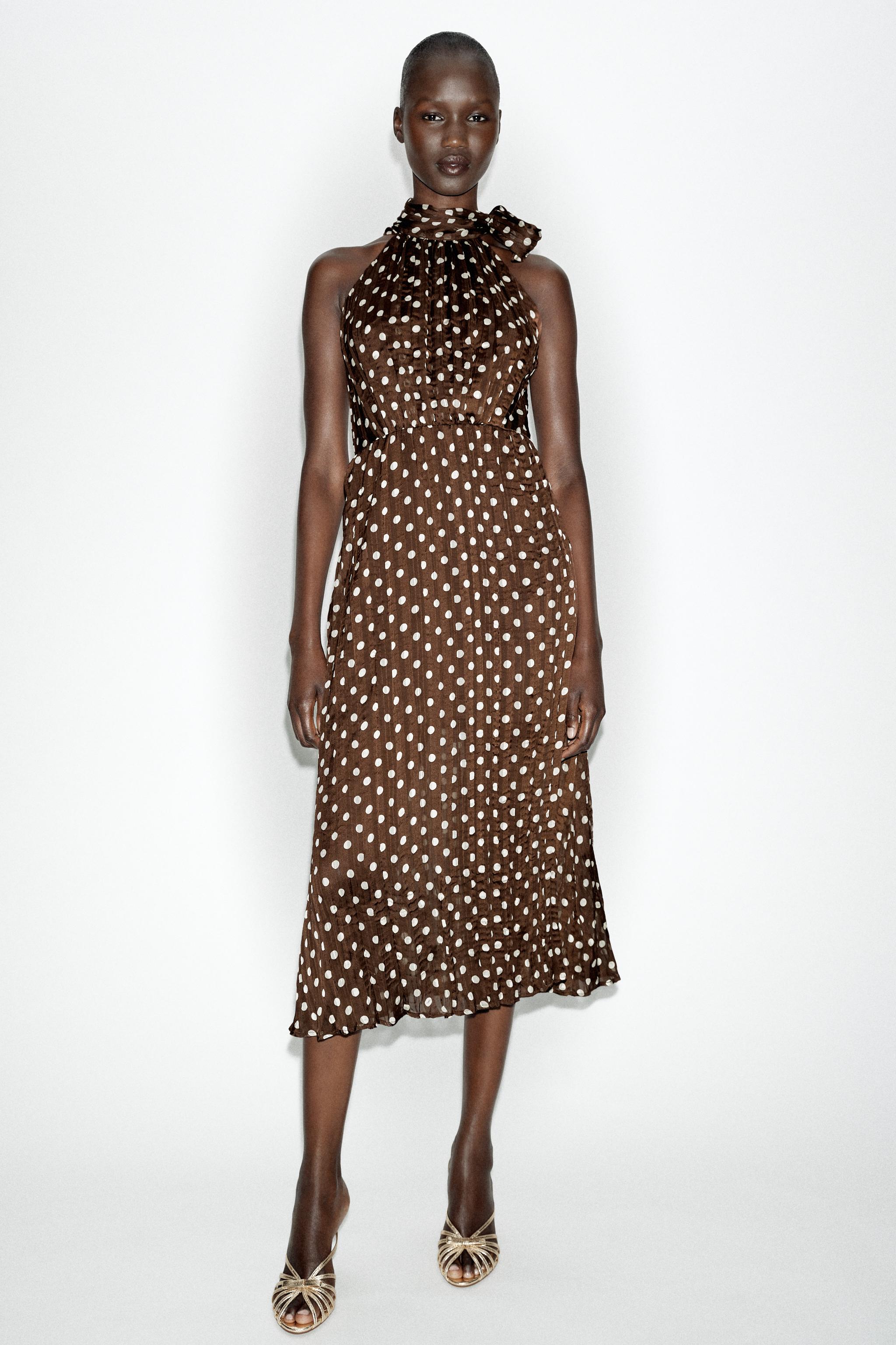 Polka Dot Midi Dress With Bow - Brown / Ecru - Xs