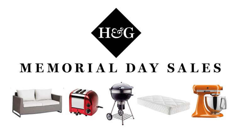 Memorial Day appliance sales graphic with cut out images of appliances, mattress, outdoor furniture and grills