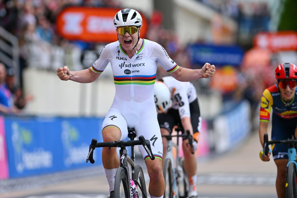 ROUBAIX FRANCE APRIL 06 Lotte Kopecky of Belgium and Team SD Worx Protime celebrates at finish line as race winner during the 4th ParisRoubaix Femmes 2024 a 1485km one day race from Denain to Roubaix on UCIWWT April 06 2024 in Roubaix France Photo by Luc ClaessenGetty Images