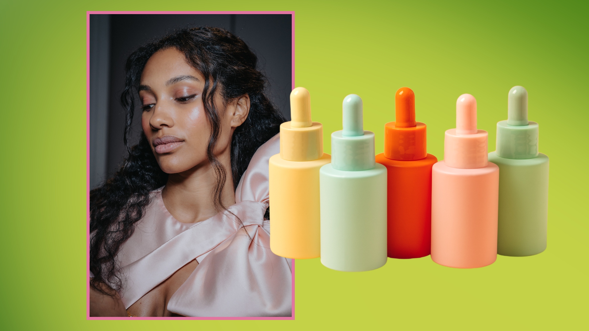 woman on a green background next to white label beauty products