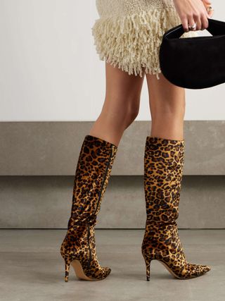 Leopard-Print Velvet Knee Boots