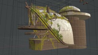 Side view of a building in early development using Blender, covered in moss and vines.