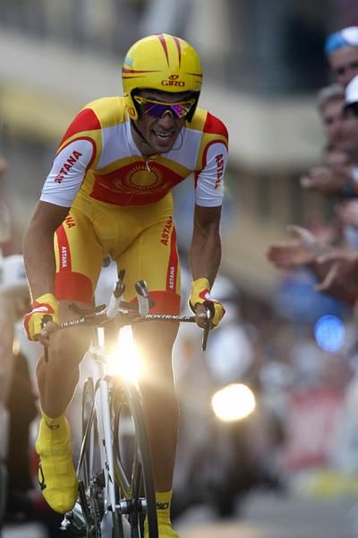 Alberto Contador, wearing his Spanish time trial champion skinsuit, was bested only by Cancellara in the opening time trial.