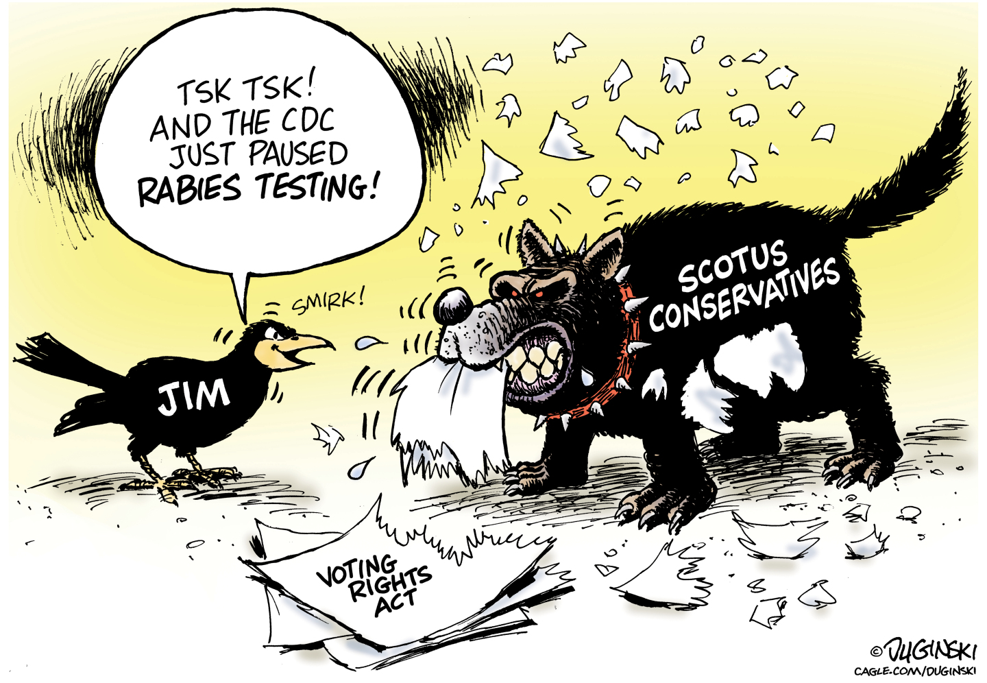 A ferocious dog named &amp;ldquo;SCOTUS Conservatives&amp;rdquo; chews up the voting rights act in the cartoon. A crow named Jim smirks and says, &amp;ldquo;Tsk tsk! And the CDC just paused rabies testing.&amp;rdquo;