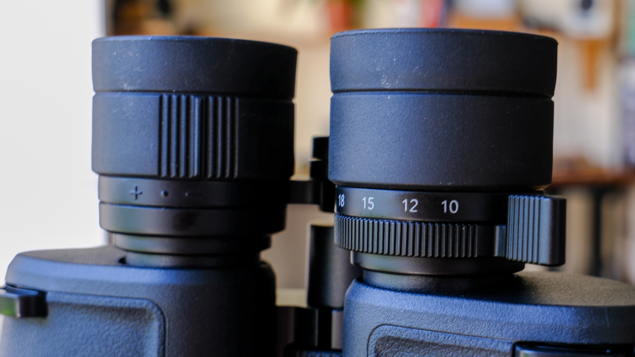 The diopter adjustment ring and zoom lever on the Nikon Action Zoom 10-22x50 binoculars.