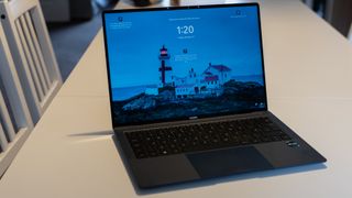 A blue Huawei MateBook X Pro laptop