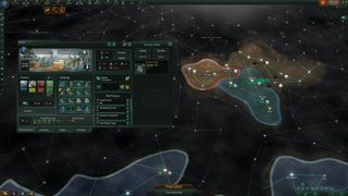 Empire management in Stellaris. A galactic map with box-outs showing the details of the selected systems