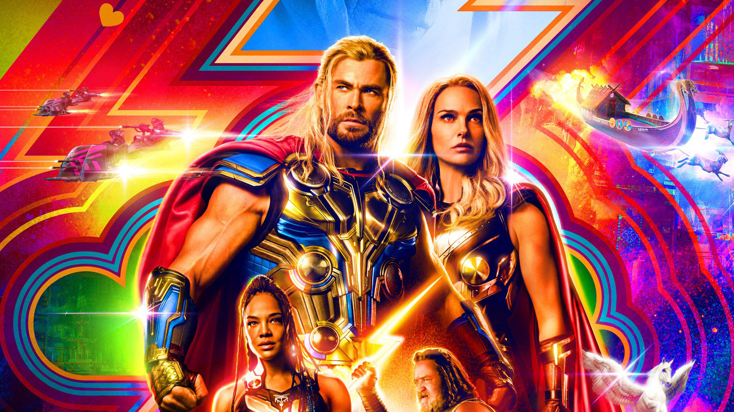 Chris Hemsworth as Thor, Natalie Portman as Jane Foster / The Mighty Thor, Tessa Thompson as King Valkyrie and Russell Crowe as Zeus in Thor: The Love and Thunder Poster Art