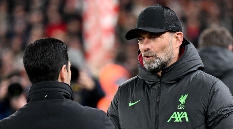 Arsenal manager Mikel Arteta greets Liverpool boss Jurgen Klopp at Anfield in December 2023.