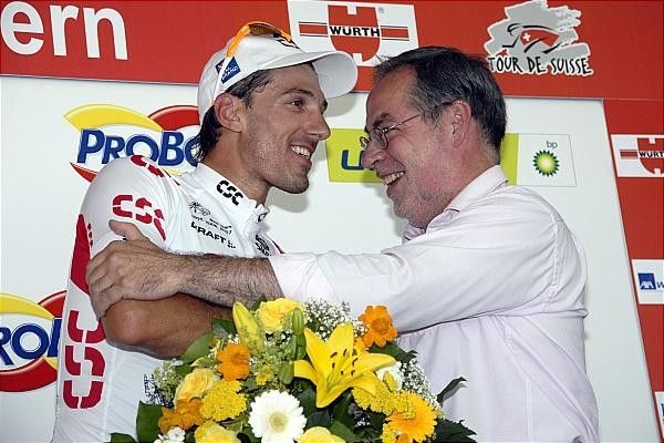 Fabian Cancellara (Team CSC) on the podium following his stage win.
