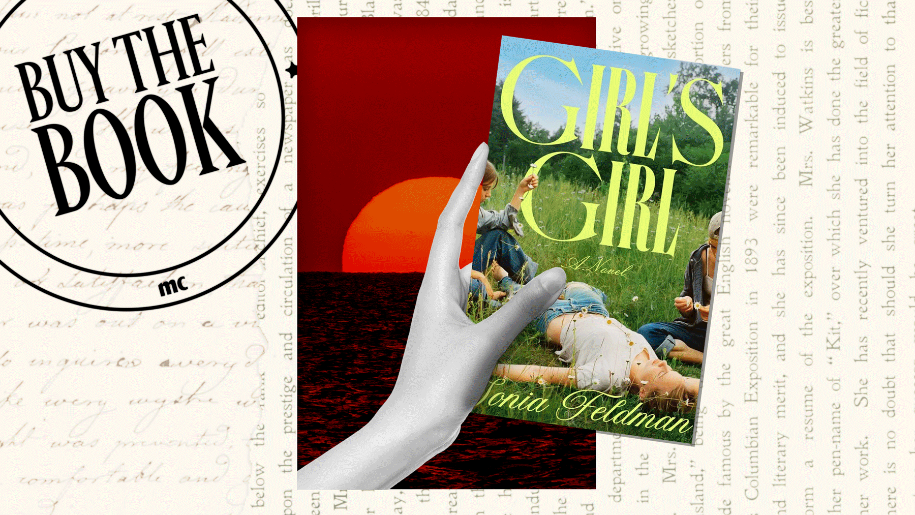 the marie claire franchise logo buy the book in a gif of a hand holding book covers of books to read in a heatwave and an image of a red setting sun on the horizon behind