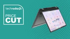 Lenovo Flex 5i Chromebook Plus Laptop on cyan background with price cut sign
