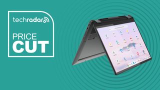 Lenovo Flex 5i Chromebook Plus Laptop on cyan background with price cut sign