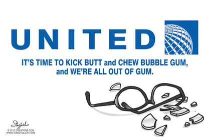 Editorial Cartoon U.S. United Airlines Passenger removal Kick butt chew gum