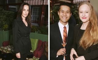 Side by side photos. Left: Catherine Bailey wearing a black suit. Right: A male wearing a black suit with an orange and black stripe tie, standing next to a female with long fair hair wearing a black suit.