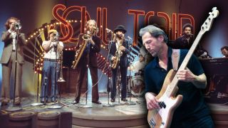 Tower of Power [L-R: Greg Adams (trumpet), Mic Gillette (trumpet), Stephen Kupka/Doc/The Doctor (sax), Emilio Castillo (sax), David Bartlett (drums), Lenny Picket (sax), Francis Prestia/Rocco (bass), Lenny Williams (vocals), Bruce Conte (guitar), Chester Thompson (keyboards)] performs on Soul Train episode 126, aired 2/1/1975