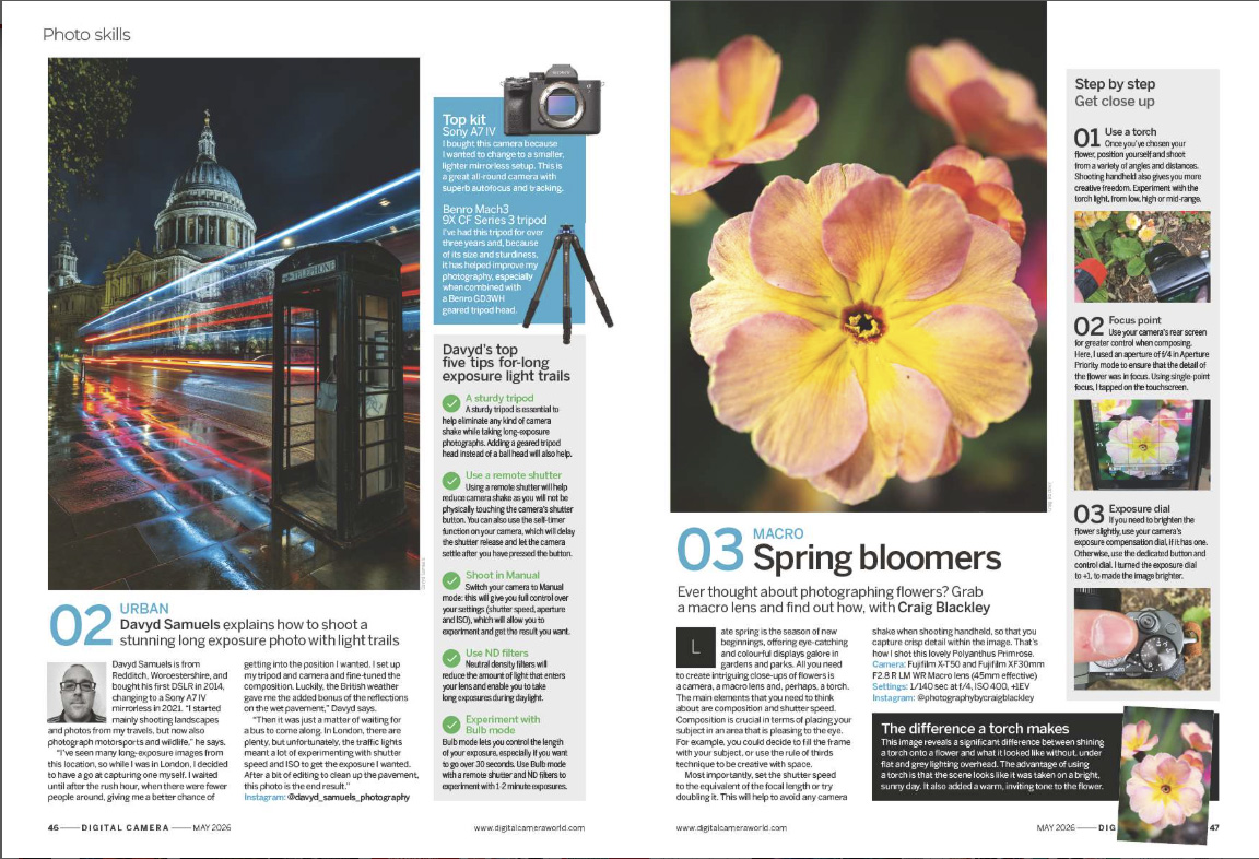 Image showing two projects in the Photo Skills section in issue 307 (May 2026) of Digital Camera magazine, explaining how to photograph long-exposure light trails, and spring flowers in bloom