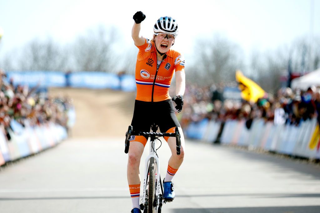 FAYETTEVILLE ARKANSAS JANUARY 30 Puck Pieterse of Netherlands celebrates winning during the 73rd UCI CycloCross World Championships Fayetteville 2022 Womens U23 Fayetteville2022 on January 30 2022 in Fayetteville Arkansas Photo by Chris GraythenGetty Images