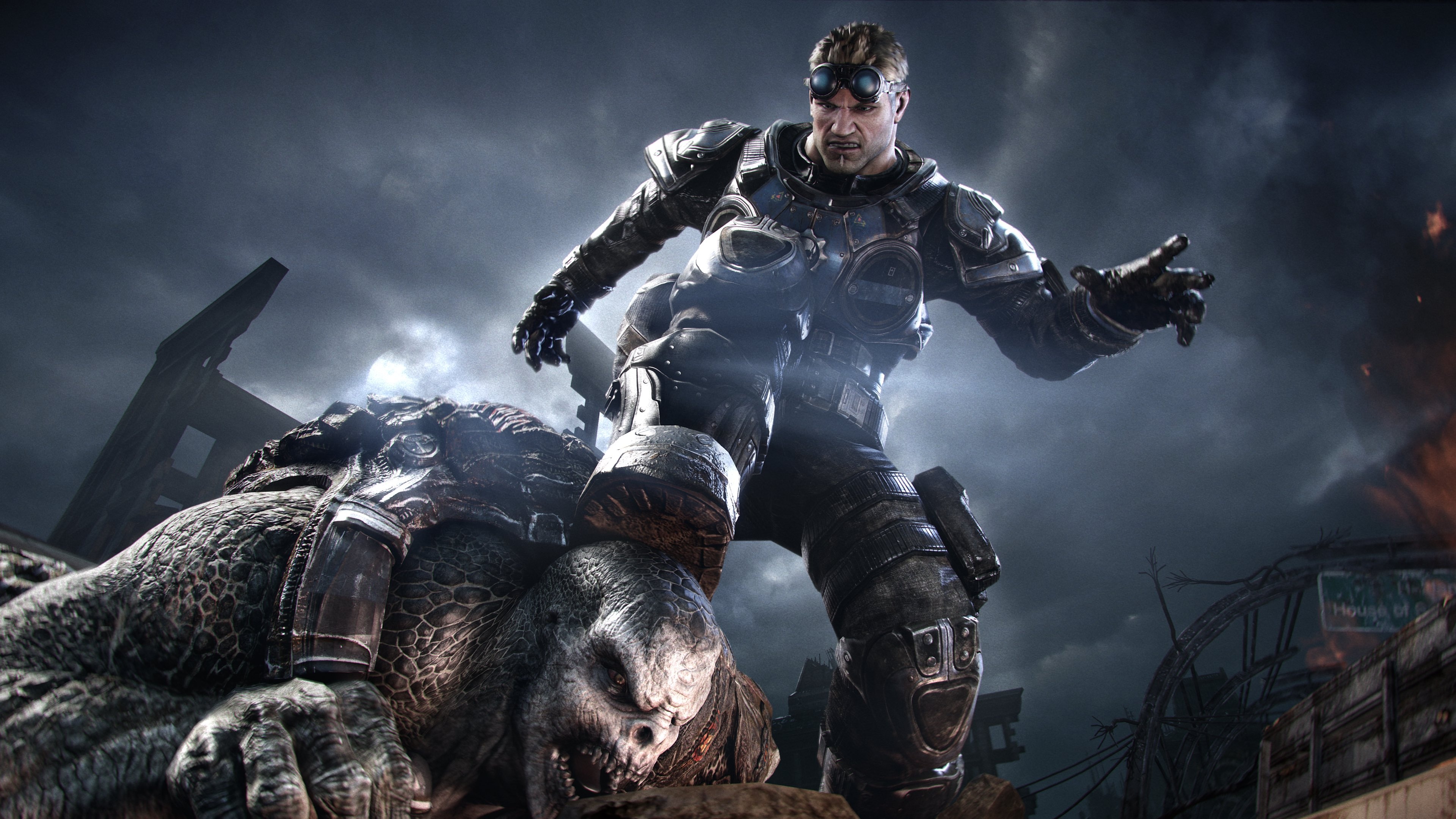 Baird curb stomping a Locust in Gears of War: Reloaded