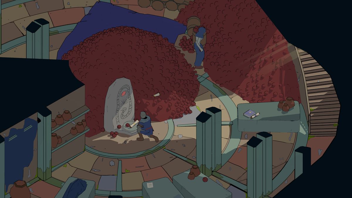 Esoteric Ebb pondering massive pile of apples