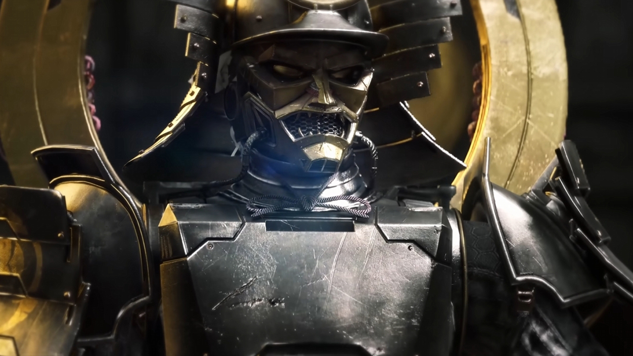 Screenshot from the sci-fi game SOL Shogunate showing a futuristic samurai in metallic armor, with intricate details and a golden hue. 